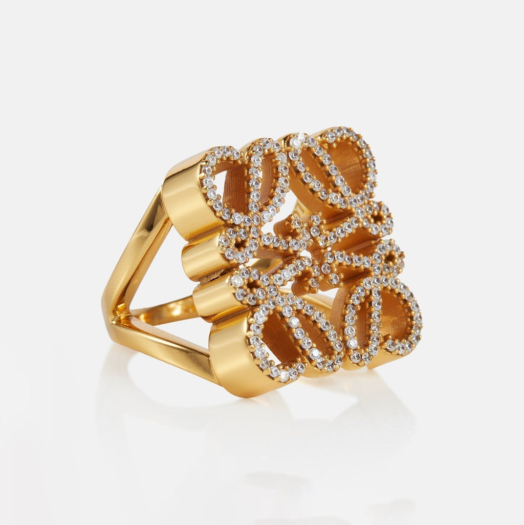 LOEWE Anagram Crystal Ring - 18K Yellow Gold
