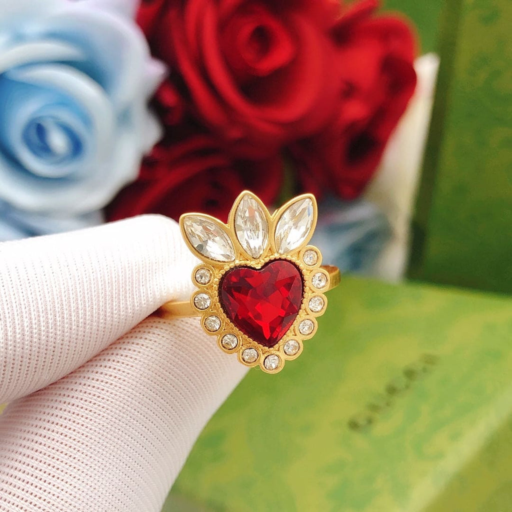 Gucci Double G Crystal Heart Ring - 18K Yellow Gold
