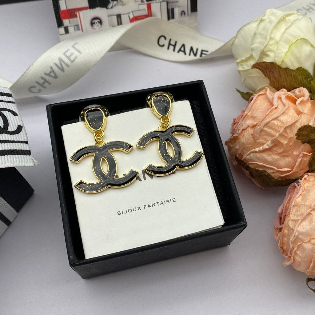 Chanel Classic Black Dangle Earrings - 18K Yellow Gold