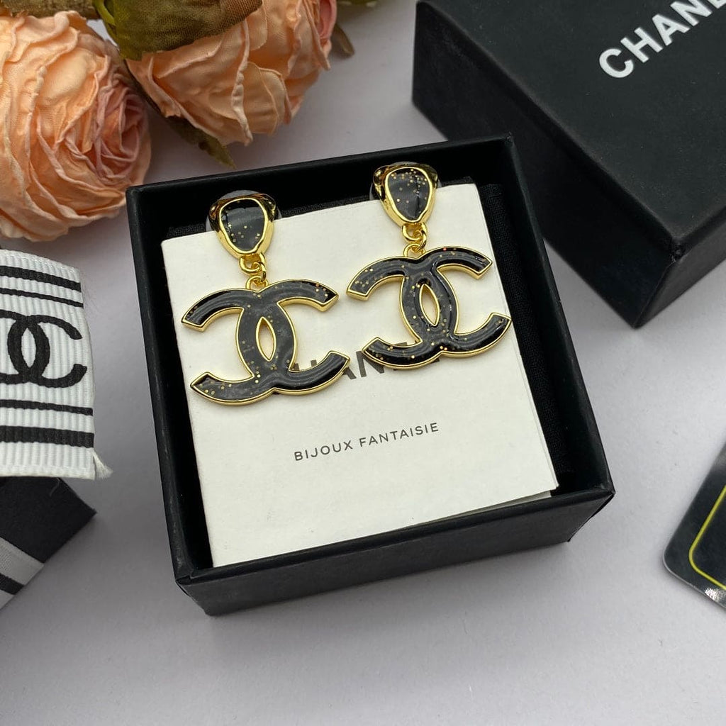 Chanel Classic Black Dangle Earrings - 18K Yellow Gold