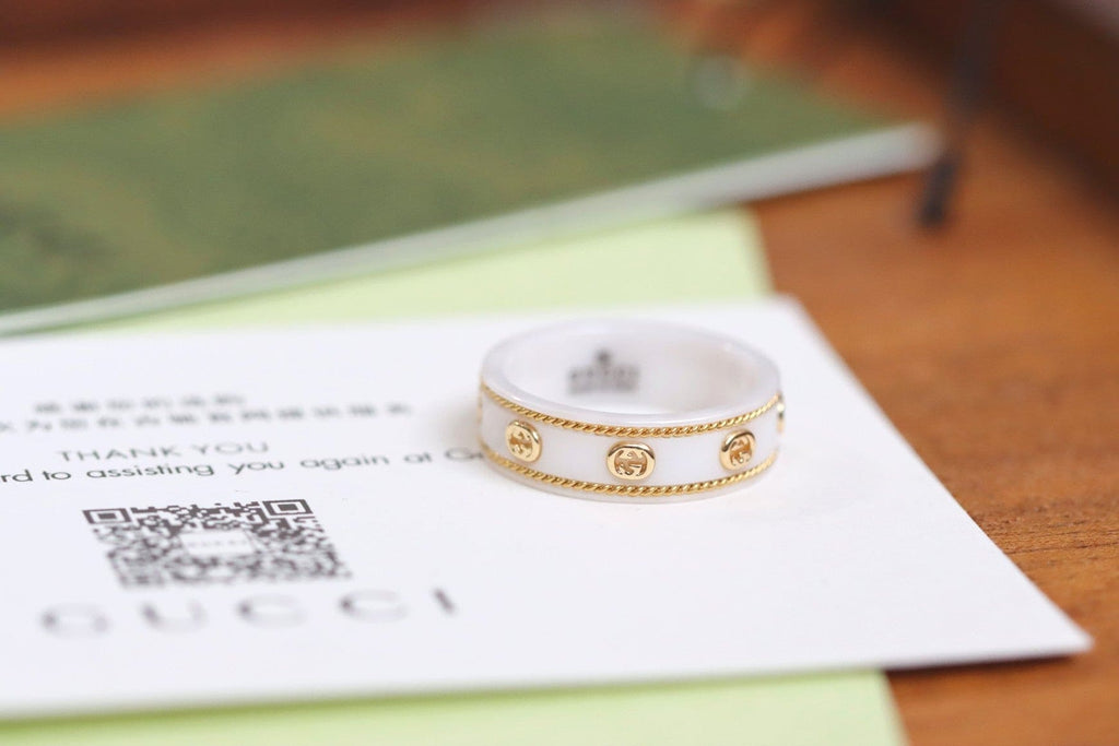 Gucci Double G Interlocking G Icon White Zirconia Ring - 18K Yellow Gold