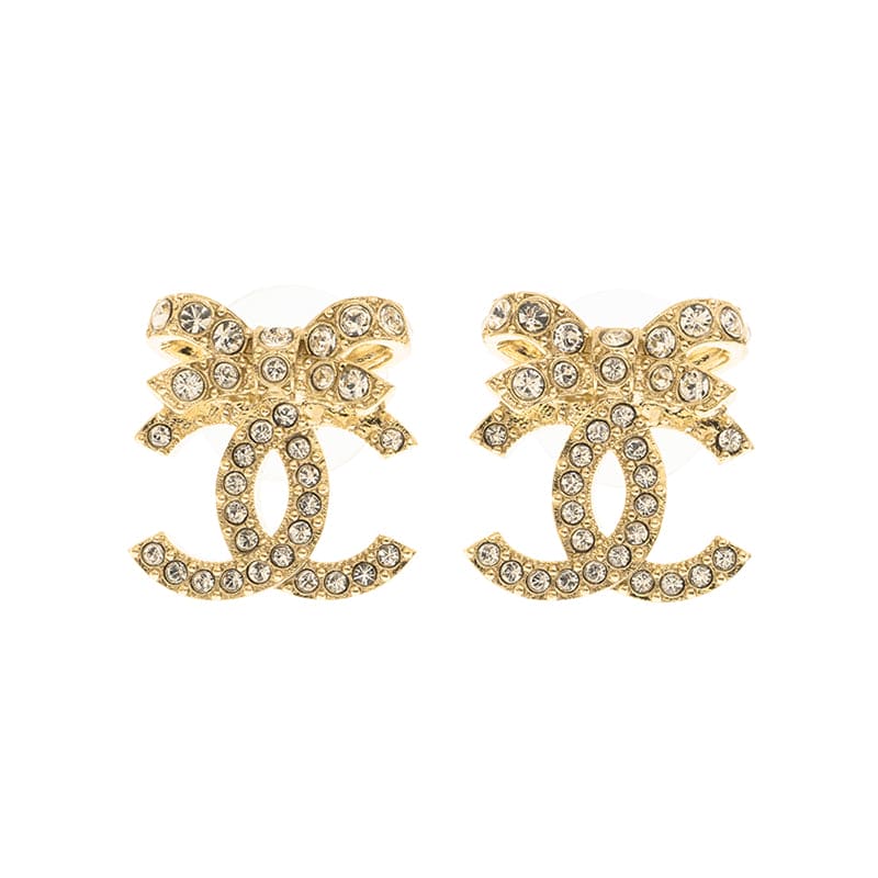 Chanel Strass Bow Stud Earrings - 18K Yellow Gold