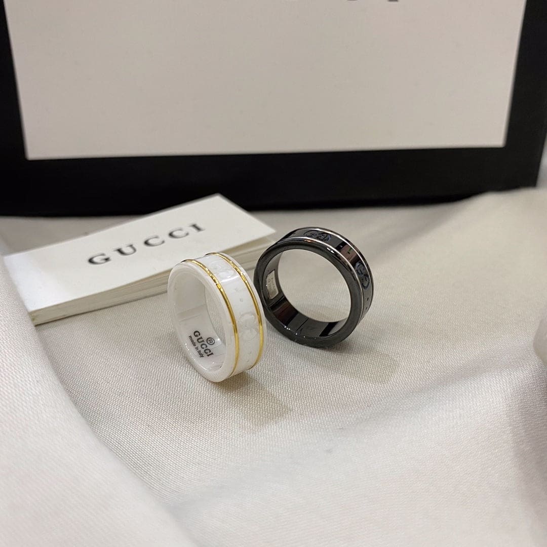 Gucci Double G Icon White Zirconia Ring - 8 mm Width - 18K Yellow Gold