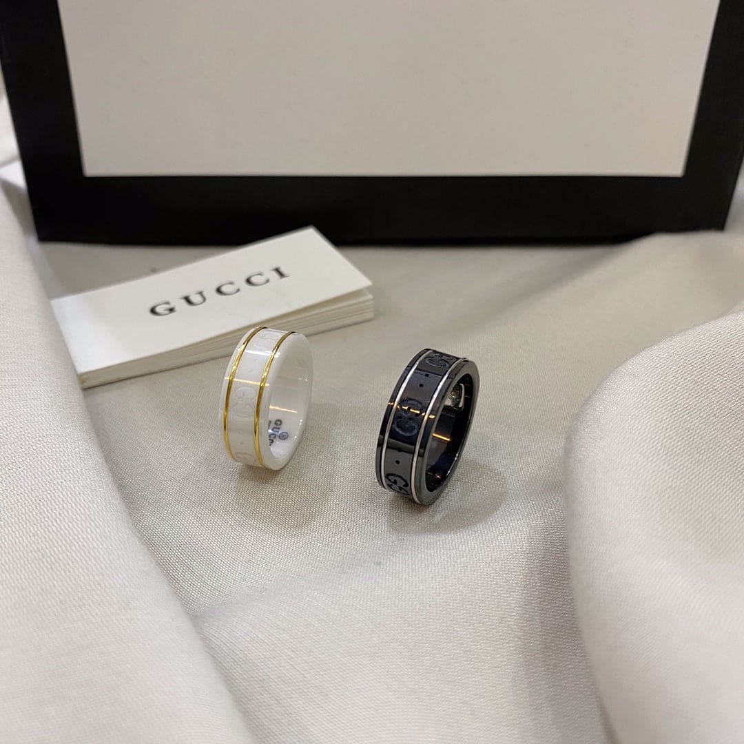 Gucci Double G Icon White Zirconia Ring - 8 mm Width - 18K Yellow Gold