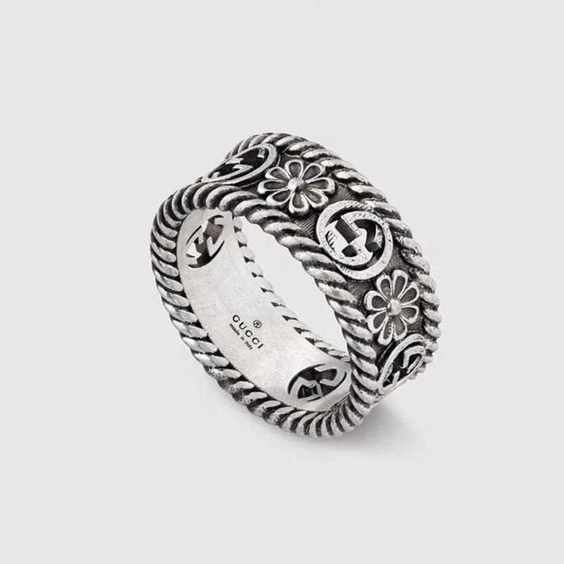 Gucci Double G Aged Sterling Silver Interlocking G Flower Ring