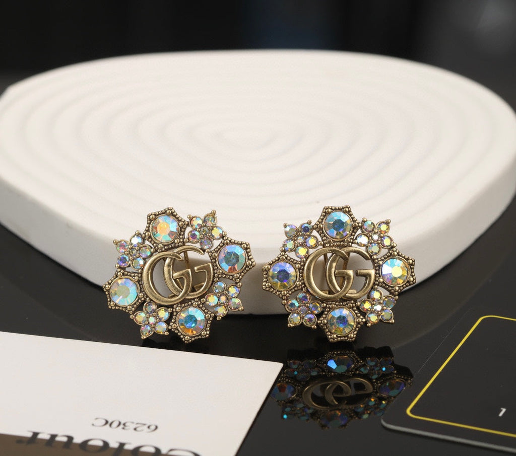 Gucci Double G Blue Flowers Earrings - 2.25 cm Height - 18K Yellow Gold