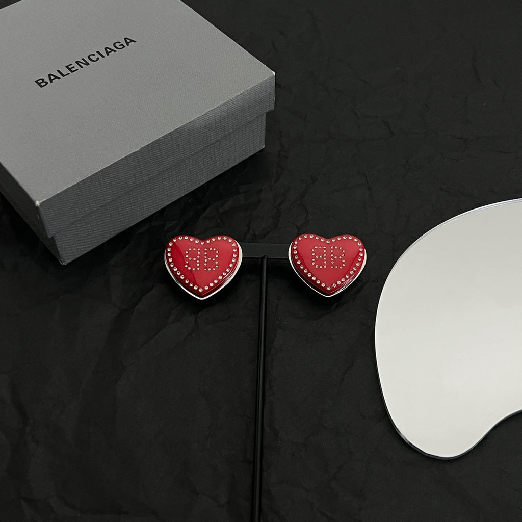 Balenciaga Red Heart Earrings - 18K White Gold