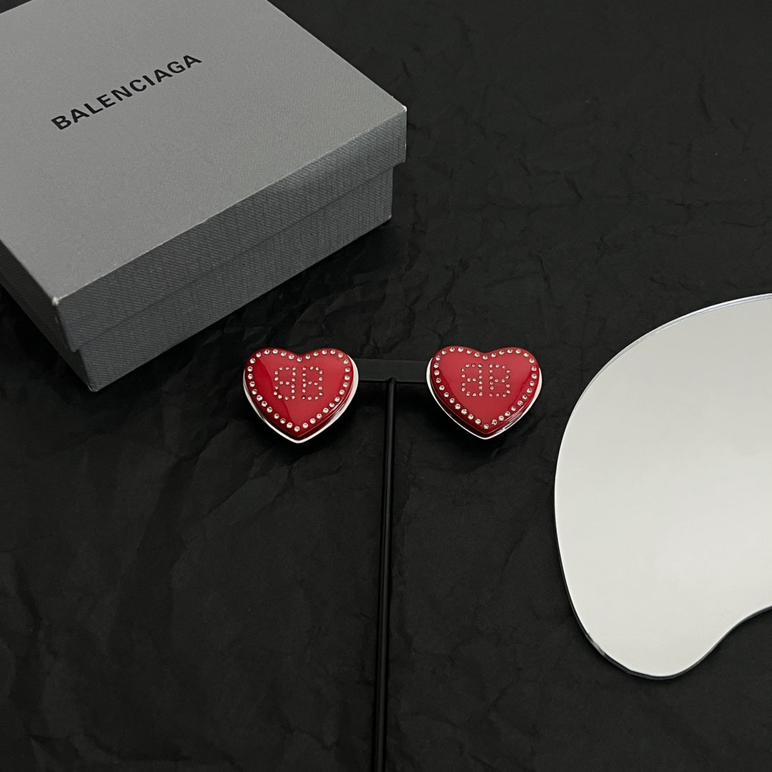 Balenciaga Red Heart Earrings - 18K White Gold