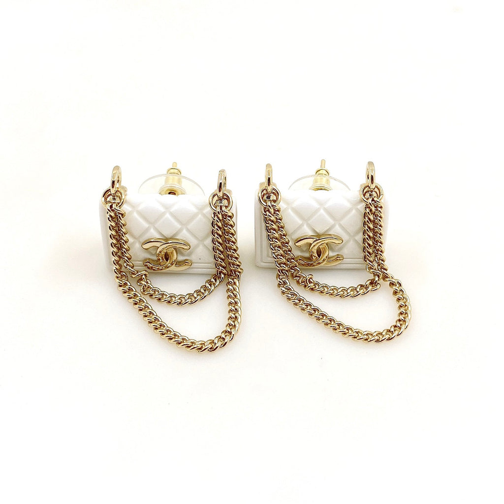 Chanel White Bag Earrings - 18K Yellow Gold