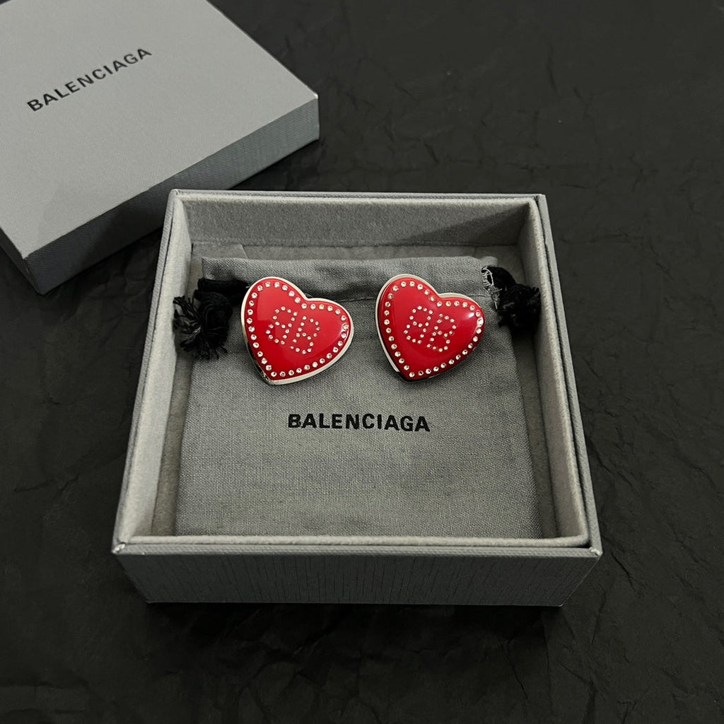 Balenciaga Red Heart Earrings - 18K White Gold