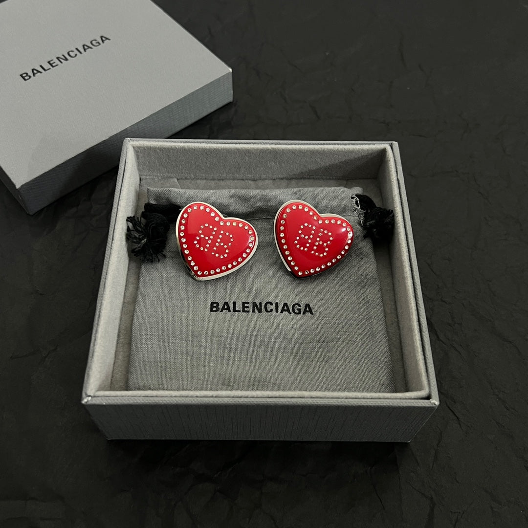 Balenciaga Red Heart Earrings - 18K White Gold