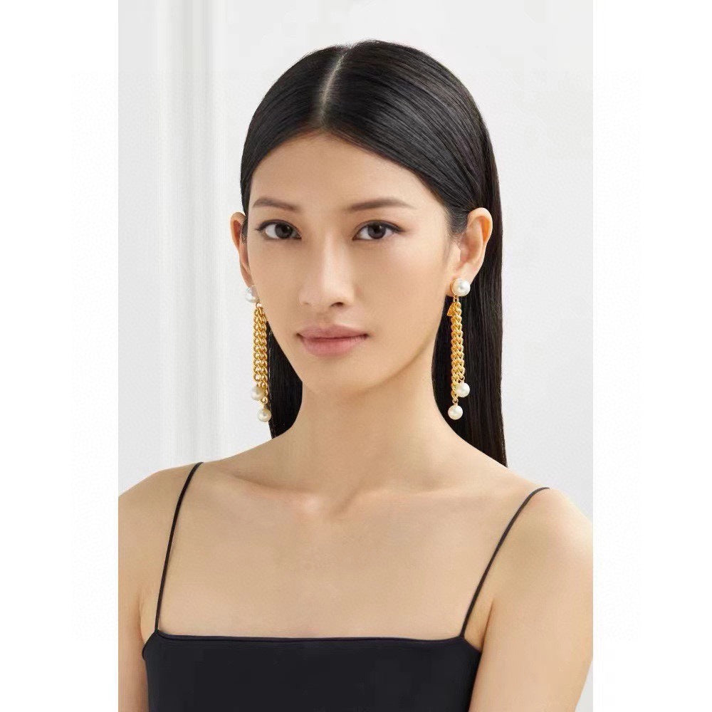 Celine Triomphe Pearls Long Earrings - 18K Yellow Gold