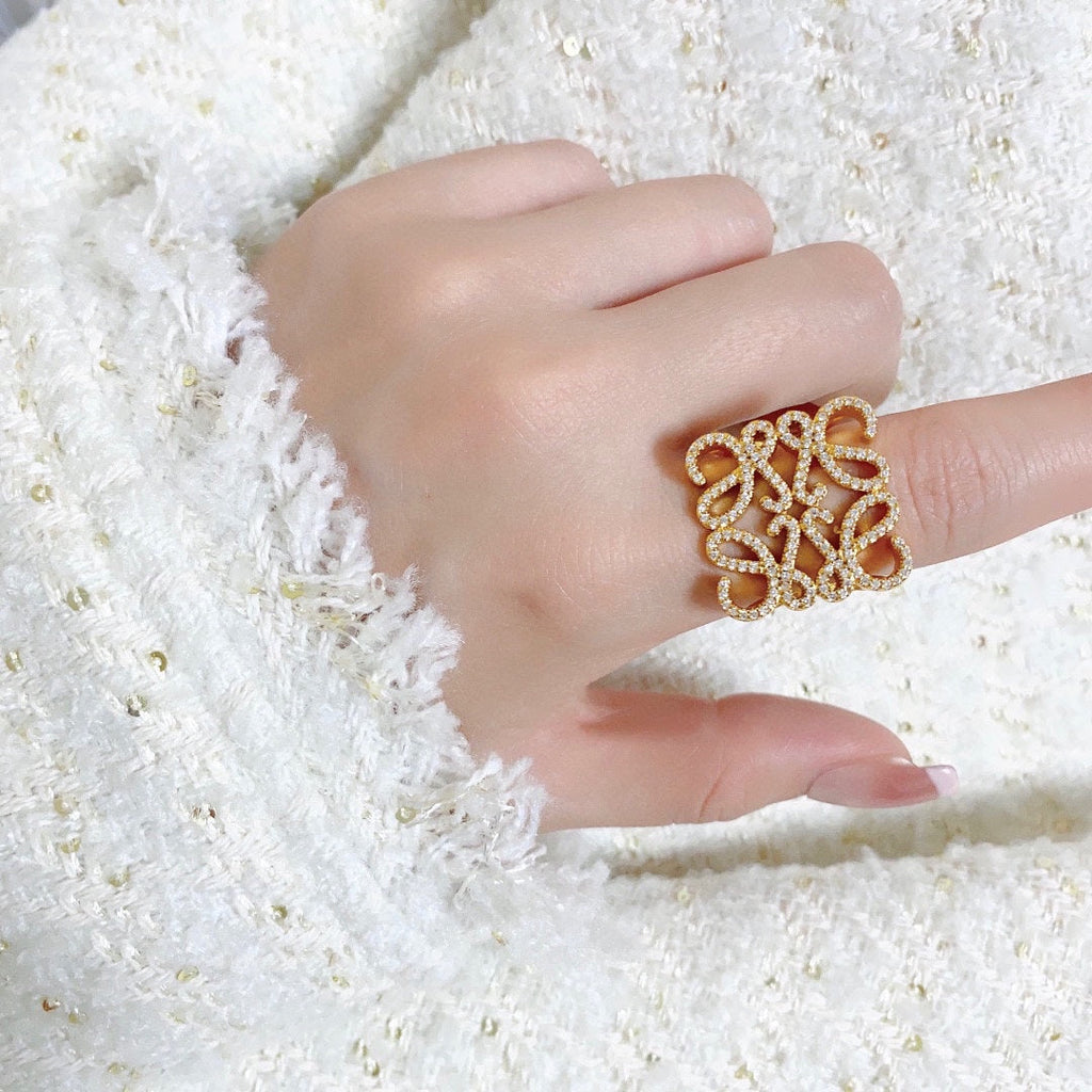 LOEWE Anagram Crystal Ring - 18K Yellow Gold