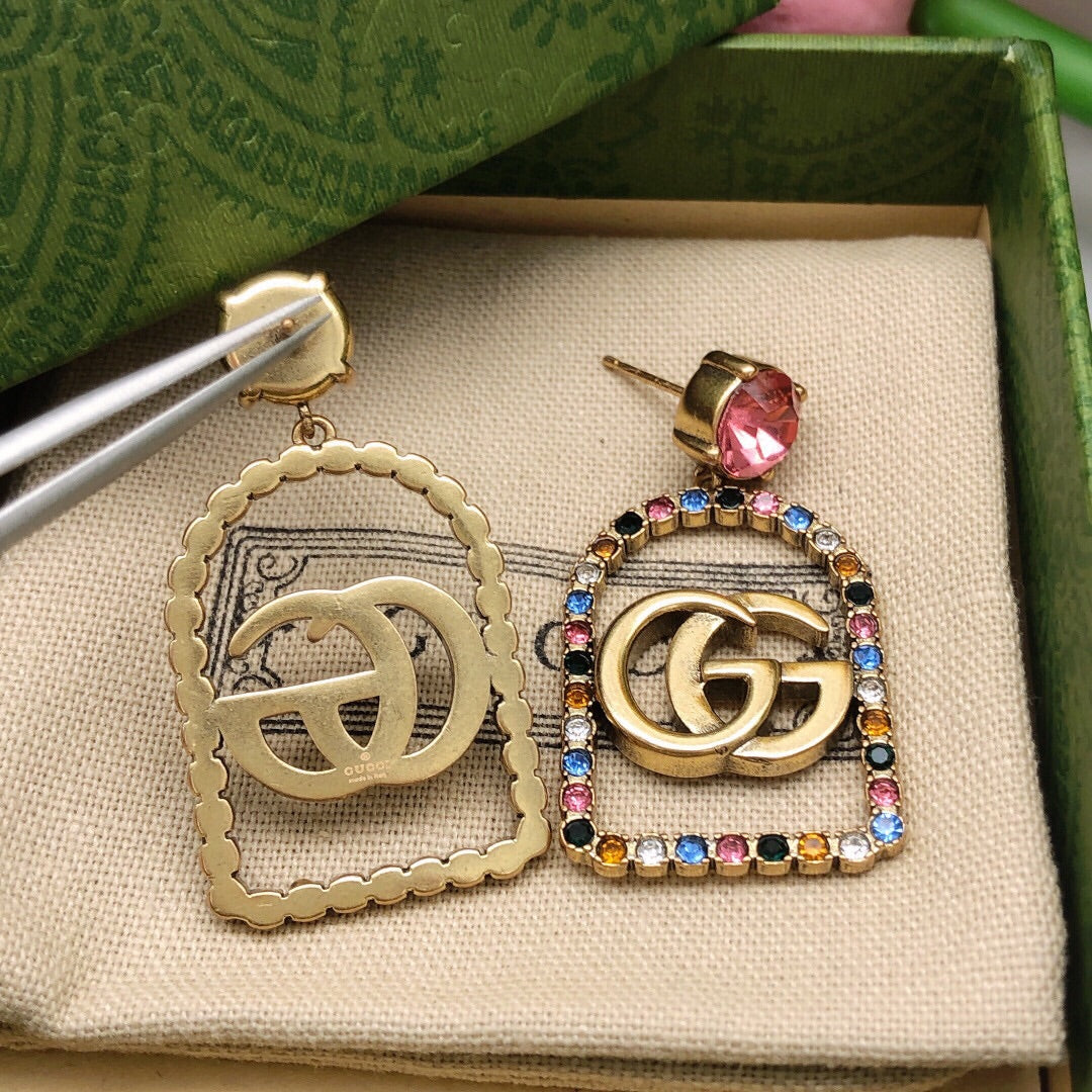 Gucci Double G Color Crystal Earrings - 3.5 cm Height - 18K Yellow Gold