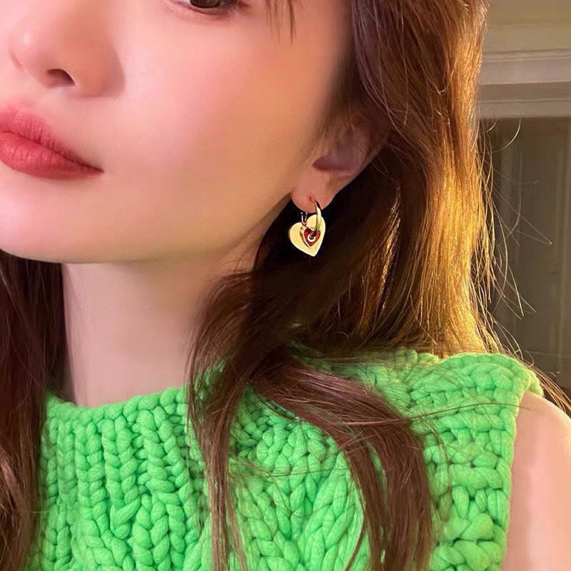 Celine Triomphe Red Heart Earrings - 18K Yellow Gold