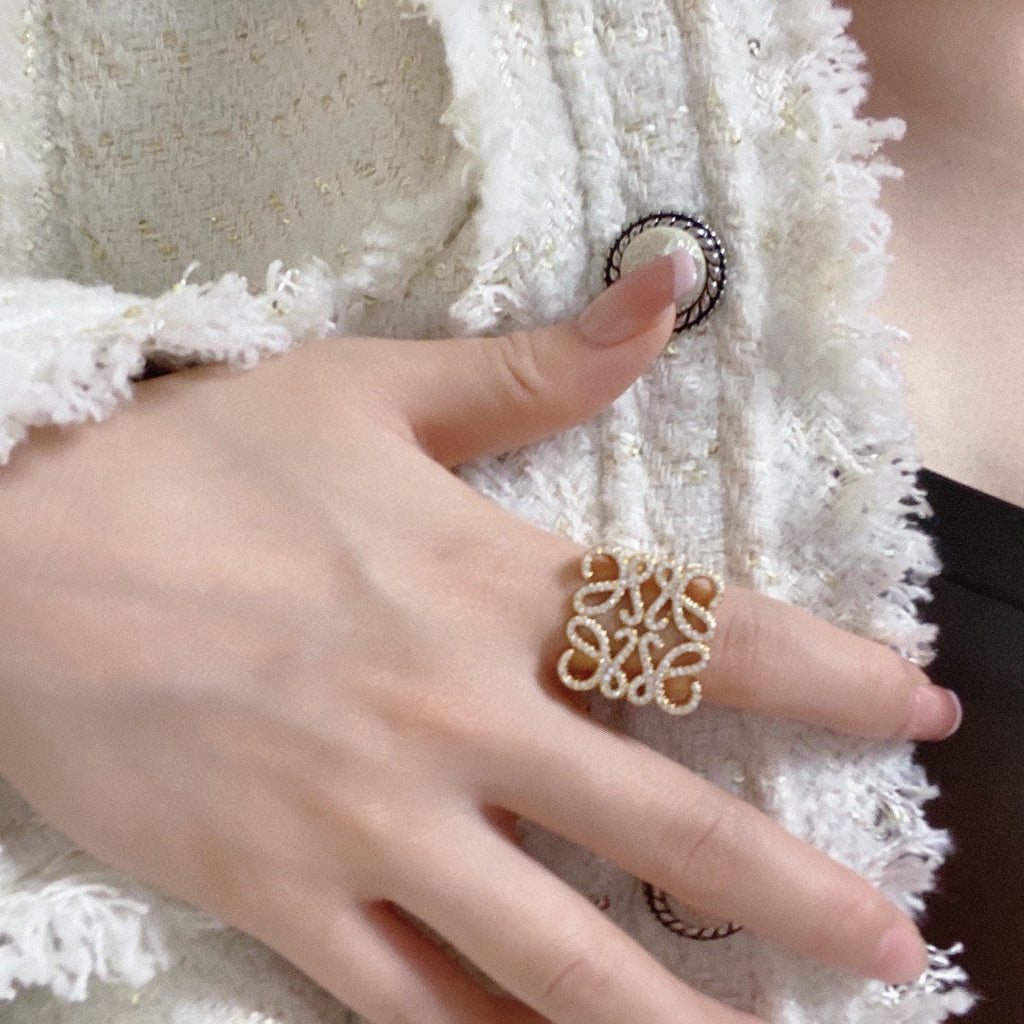 LOEWE Anagram Crystal Ring - 18K Yellow Gold