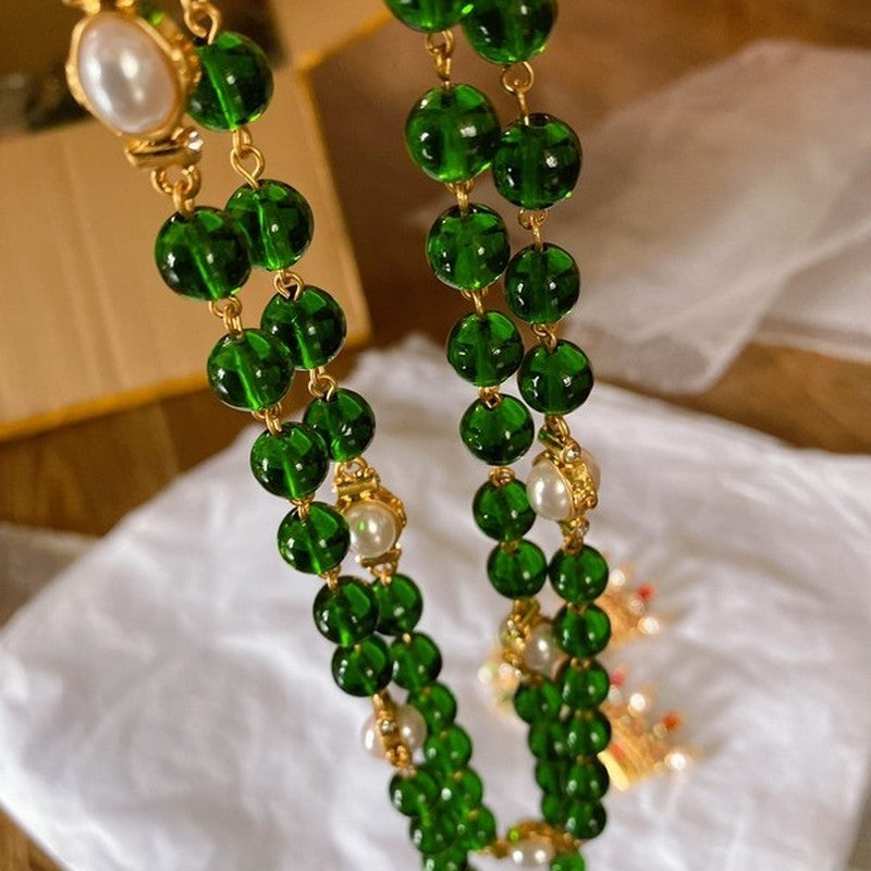 Chanel Long Green & White Pearl Necklace