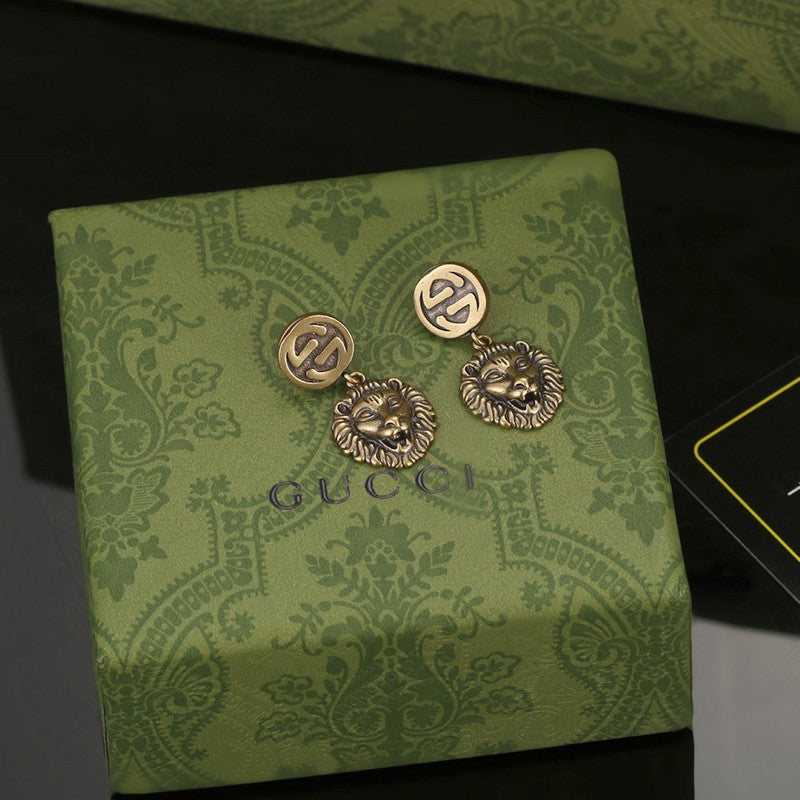 Gucci Double G Lion Pendant Earrings - 18K Yellow Gold
