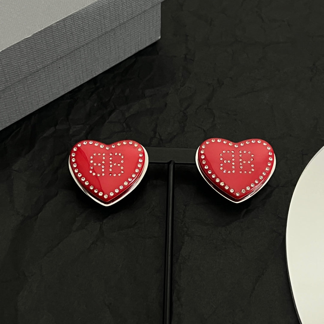 Balenciaga Red Heart Earrings - 18K White Gold