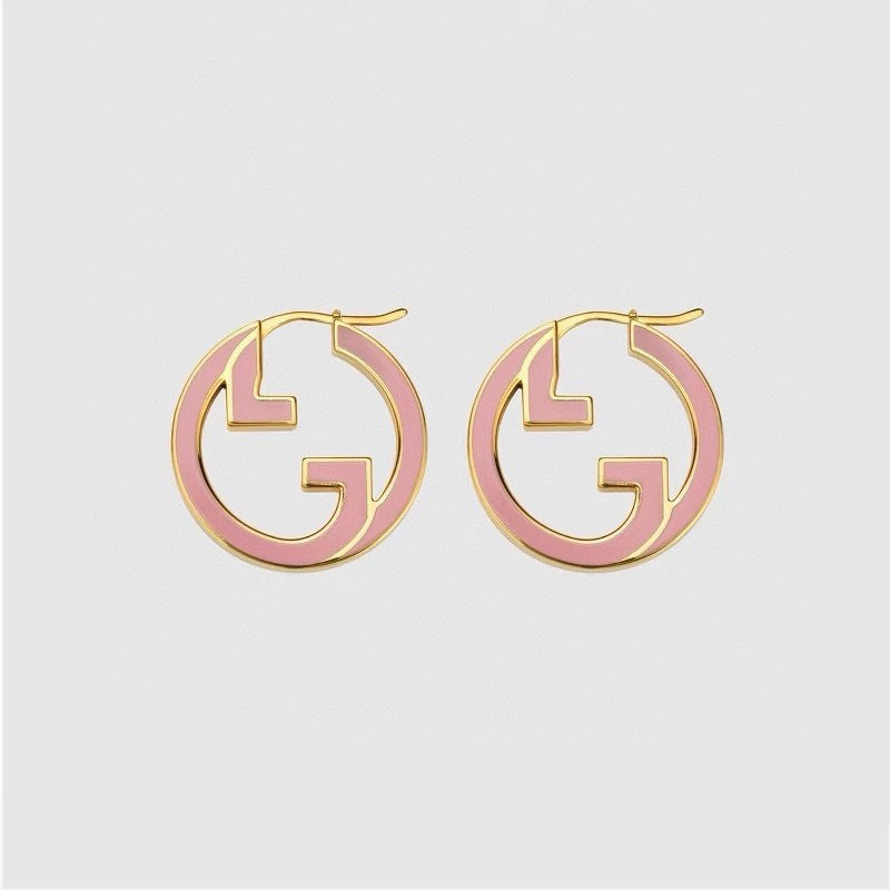 Gucci Double G Pink Hollow Earrings - 18K Yellow Gold