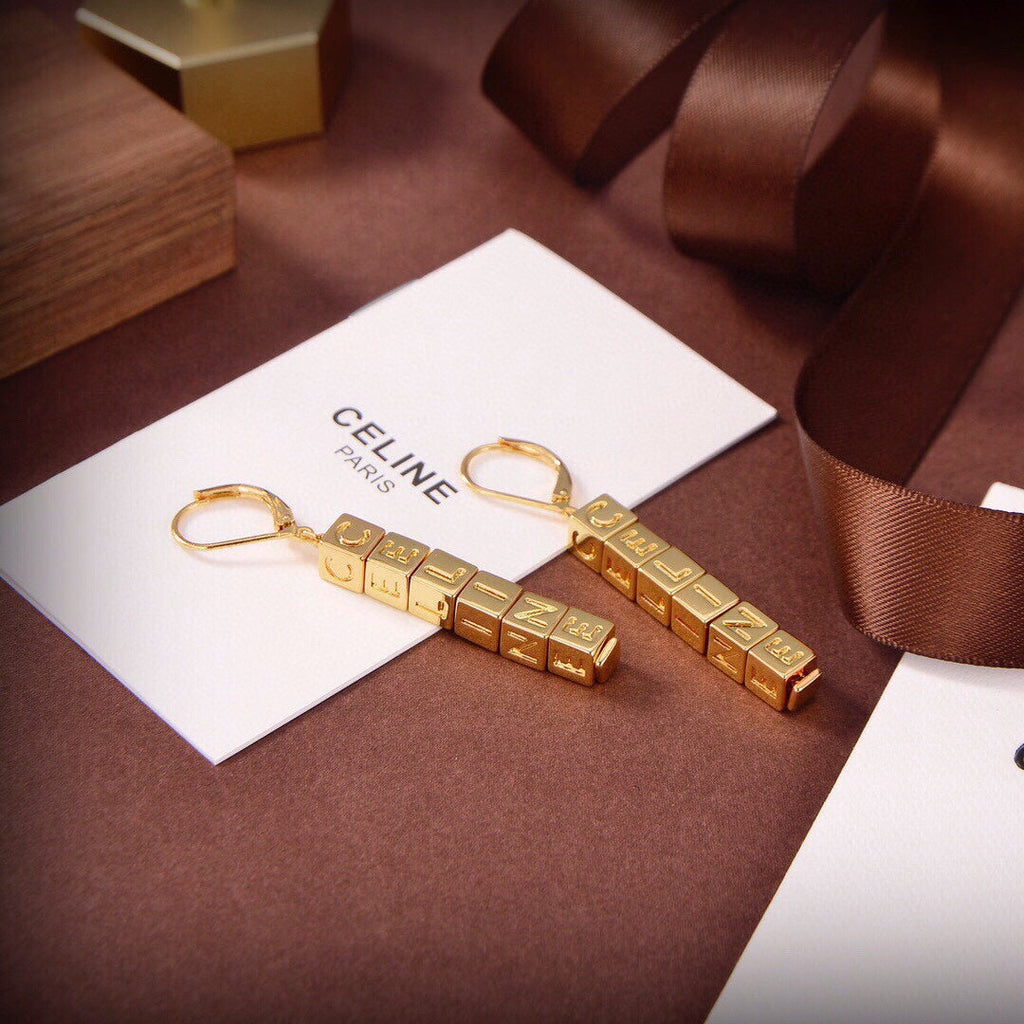 Celine Triomphe Script Cube Earrings - 18K Gold