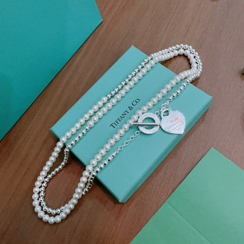Return to Tiffany Heart Tag Chain Pearl Link Necklace