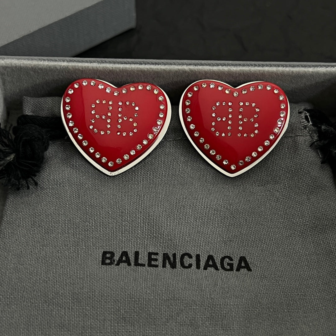 Balenciaga Red Heart Earrings - 18K White Gold