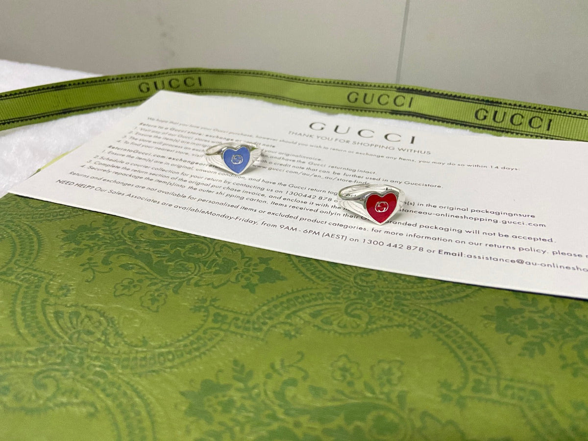 Gucci Double G Interlocking G Blue Enamel Heart Ring