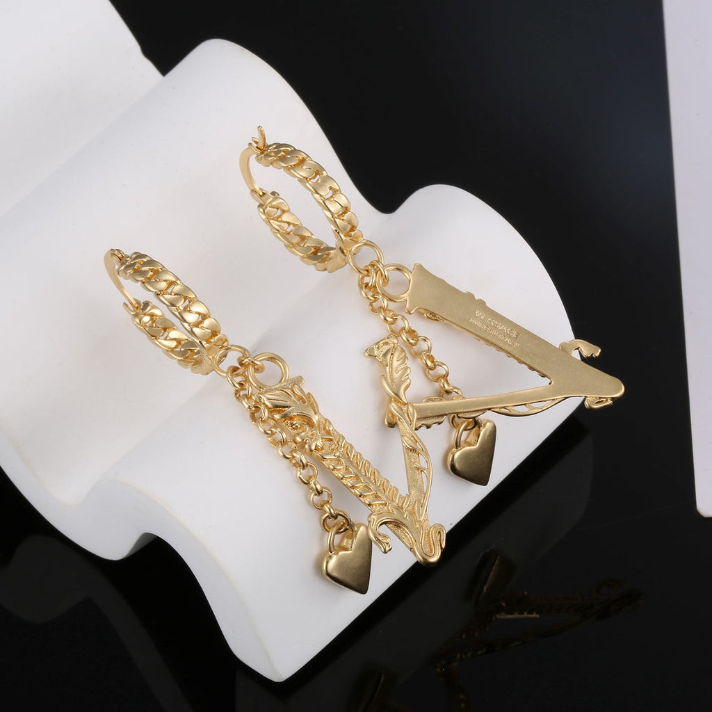 Heart Long Earrings - 18K Yellow Gold
