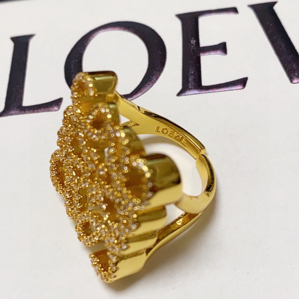 LOEWE Anagram Crystal Ring - 18K Yellow Gold