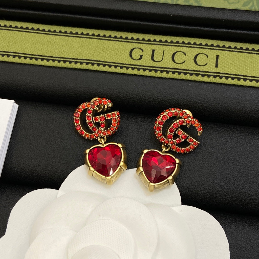 Gucci Double G Red Crystal Earrings - 18K Yellow Gold