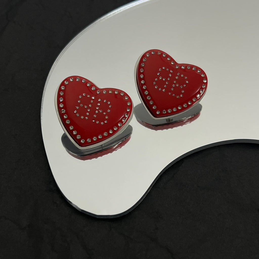 Balenciaga Red Heart Earrings - 18K White Gold