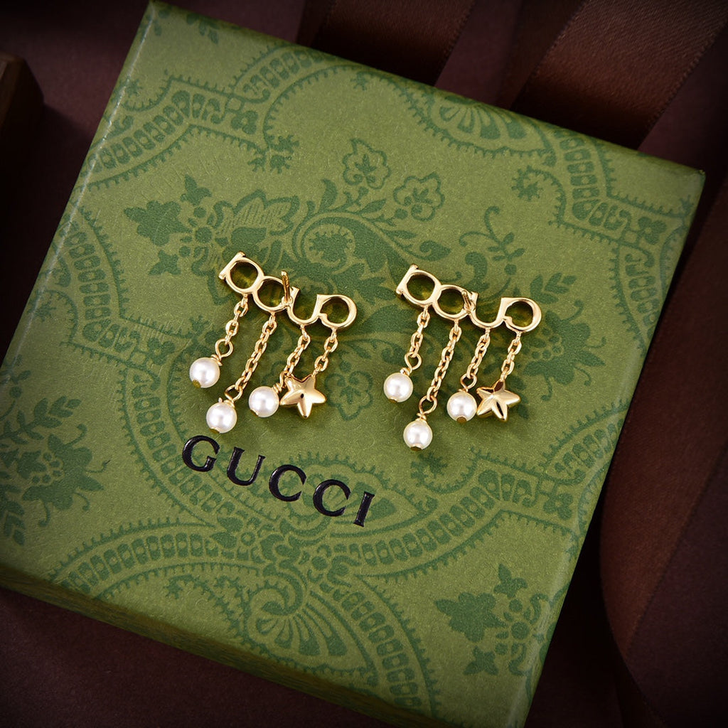 Gucci Double G Script Pearl Earrings - 18K Yellow Gold