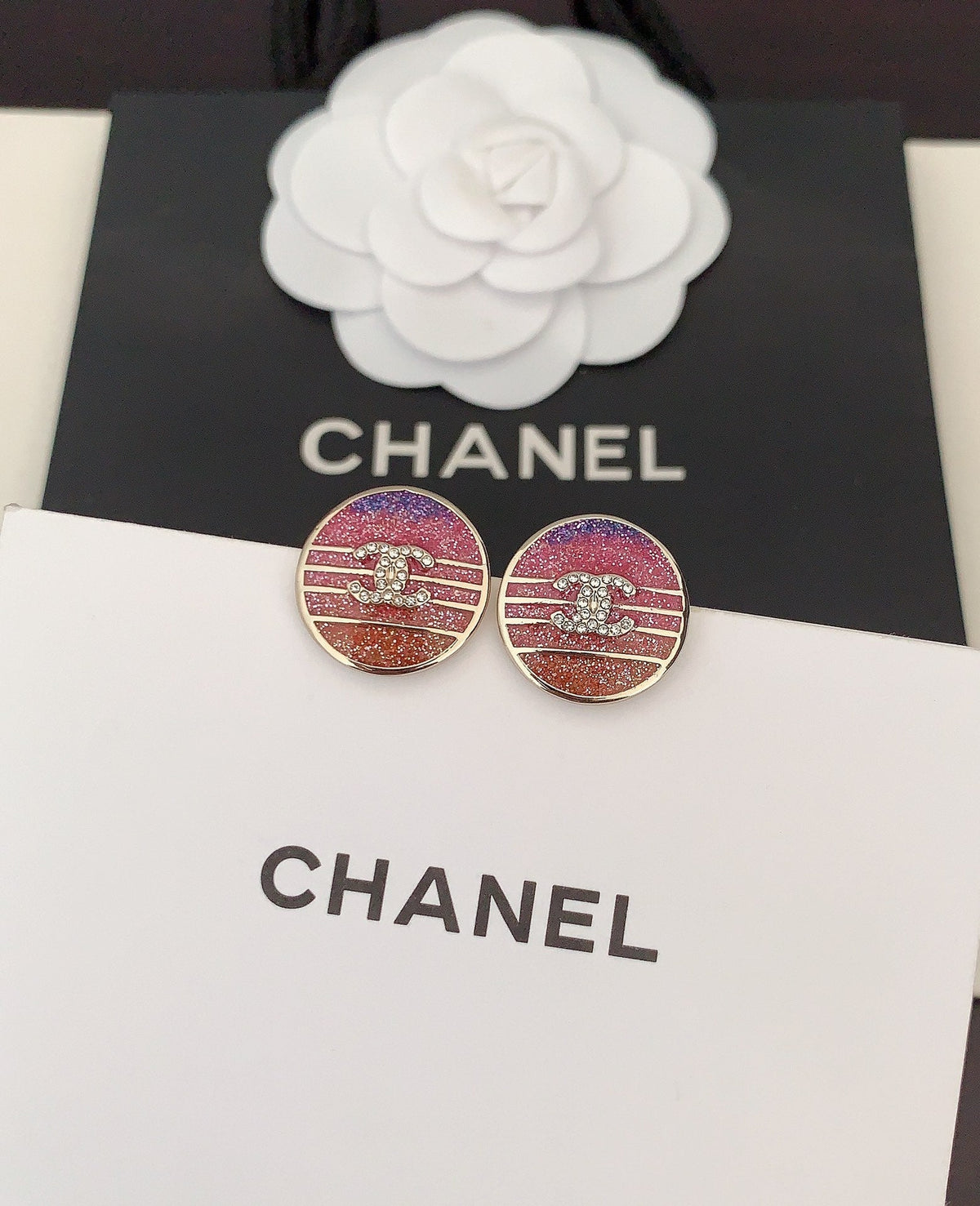 Chanel Pink Crystal Earrings - 18K Yellow Gold