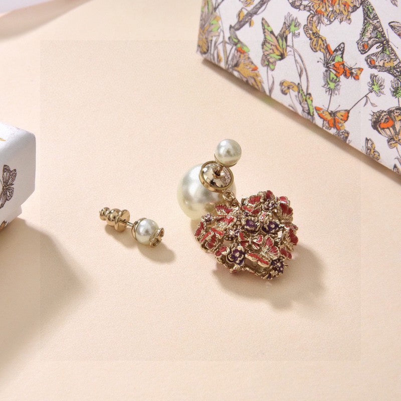 Dior Tribales Red Flower Heart Faux Pearl Earrings - 18K Yellow Gold