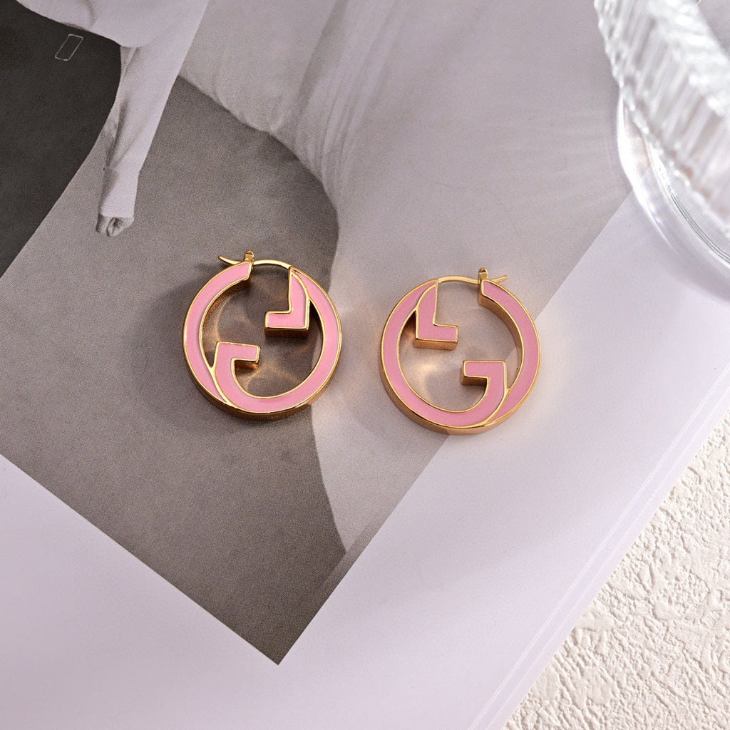 Gucci Double G Pink Hollow Earrings - 18K Yellow Gold