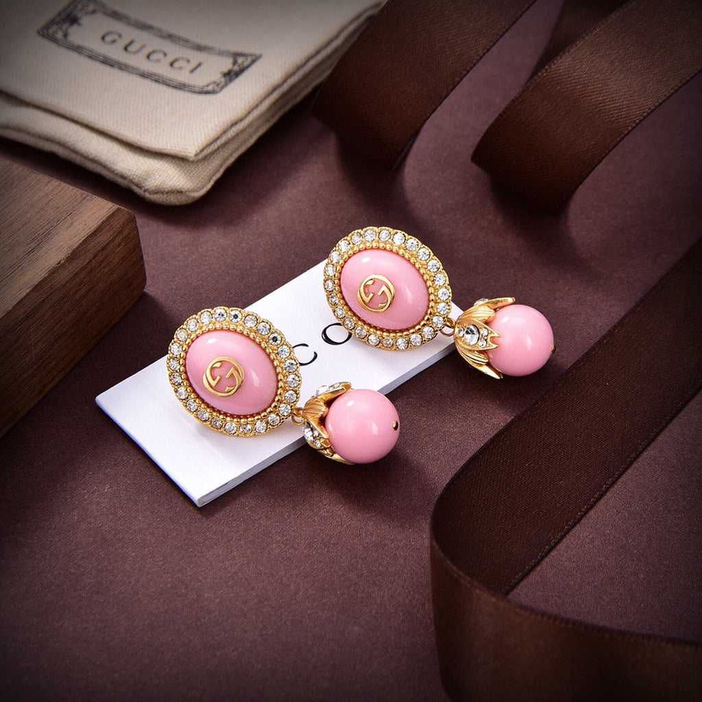 Gucci Double G Pink Pearl Earrings - 18K Yellow Gold