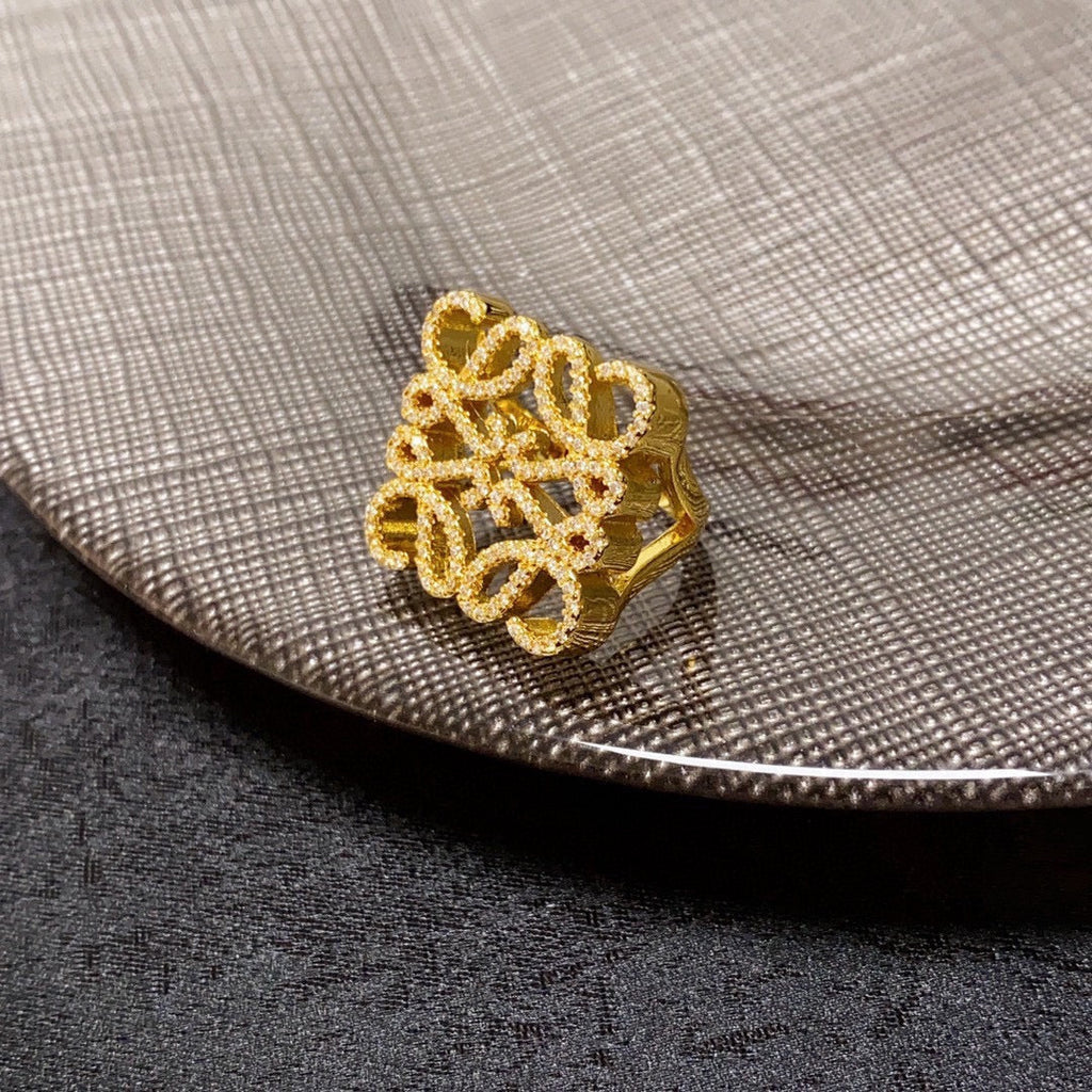 LOEWE Anagram Crystal Ring - 18K Yellow Gold