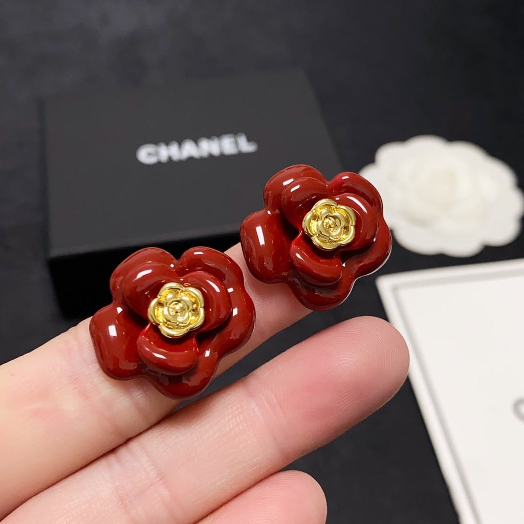 Chanel Red Camellia Resin Earrings - 18K Yellow Gold