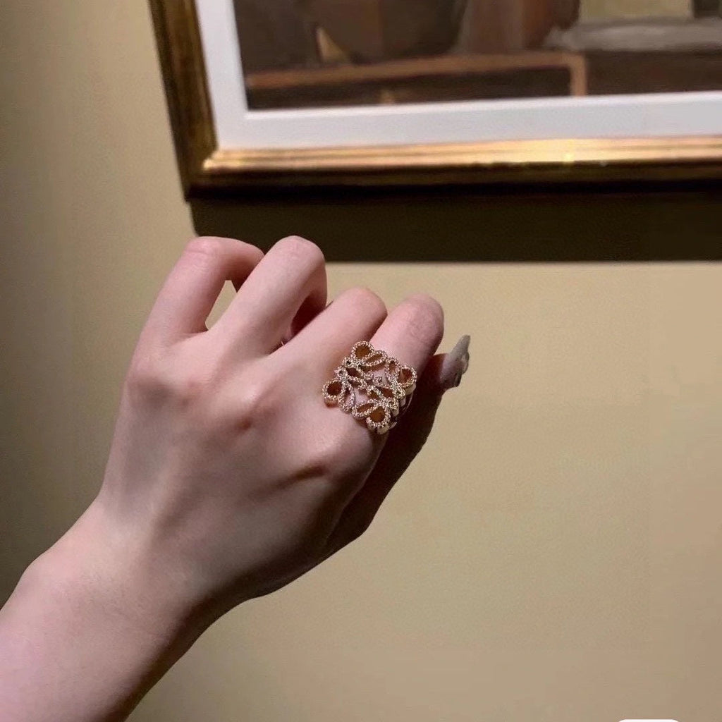 LOEWE Anagram Crystal Ring - 18K Yellow Gold