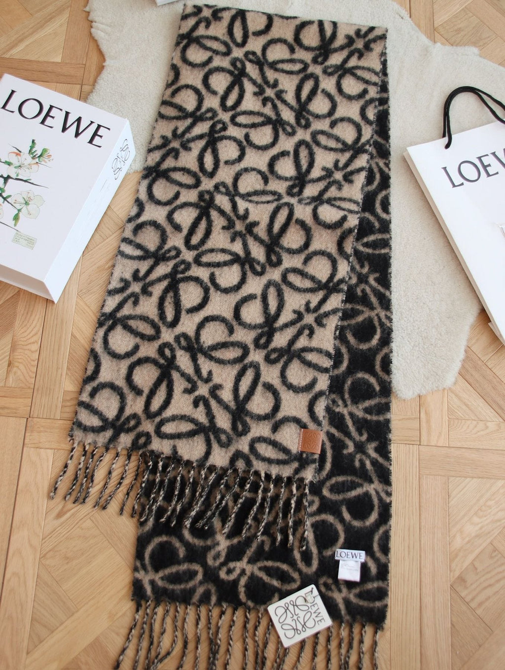 Loewe Beige and Black Patterned Fringe Scarf — front