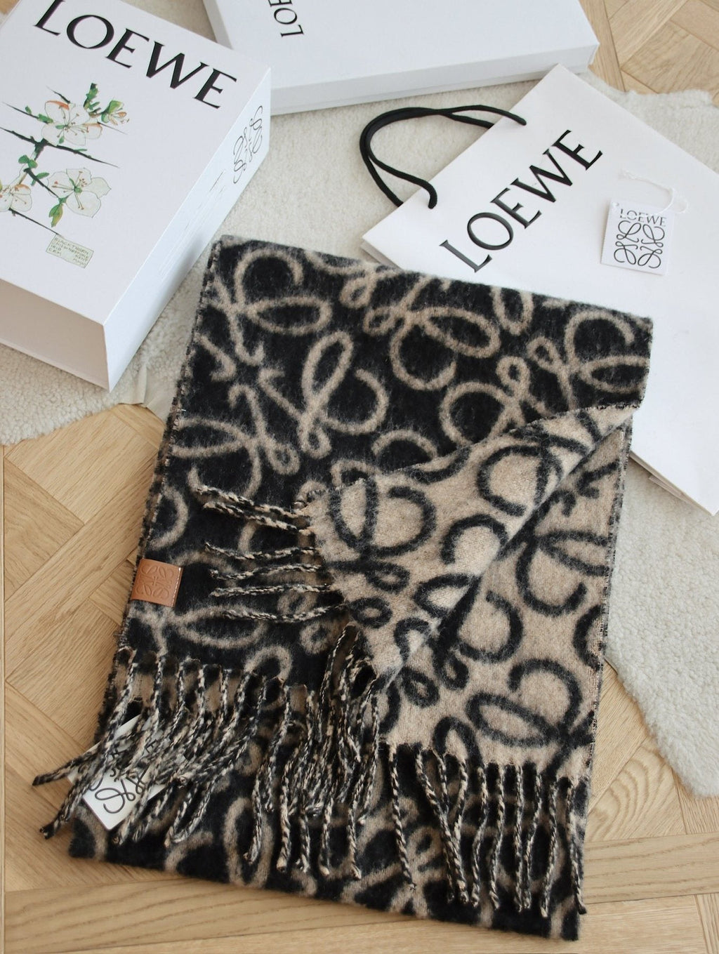 Loewe Beige and Black Patterned Fringe Scarf — front