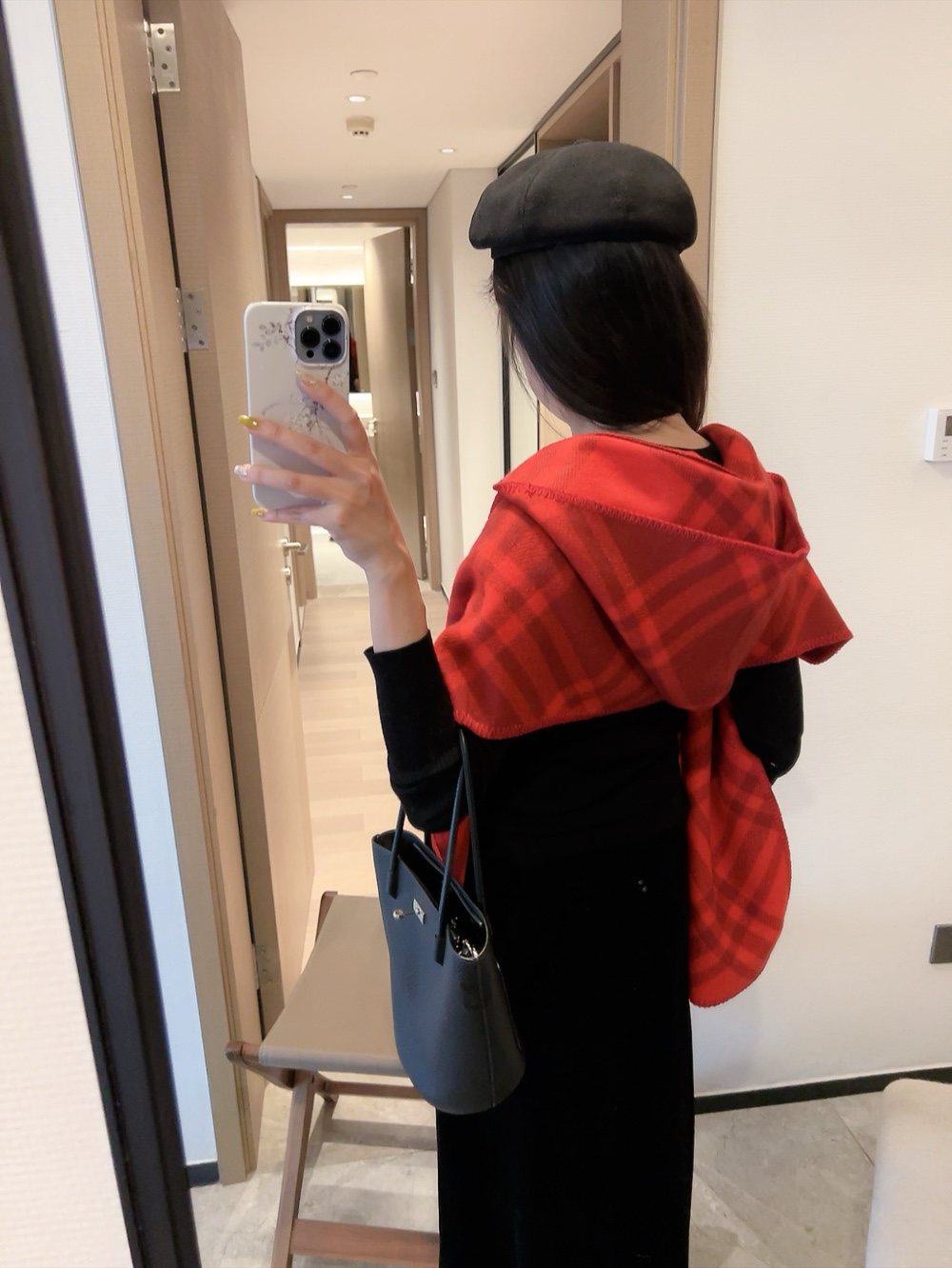 Burberry Red Plaid Hooded Scarf Shawl — model