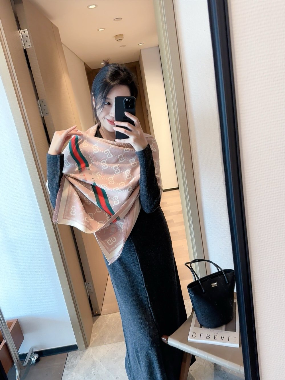 Blush Beige Patterned Fringe Scarf — model