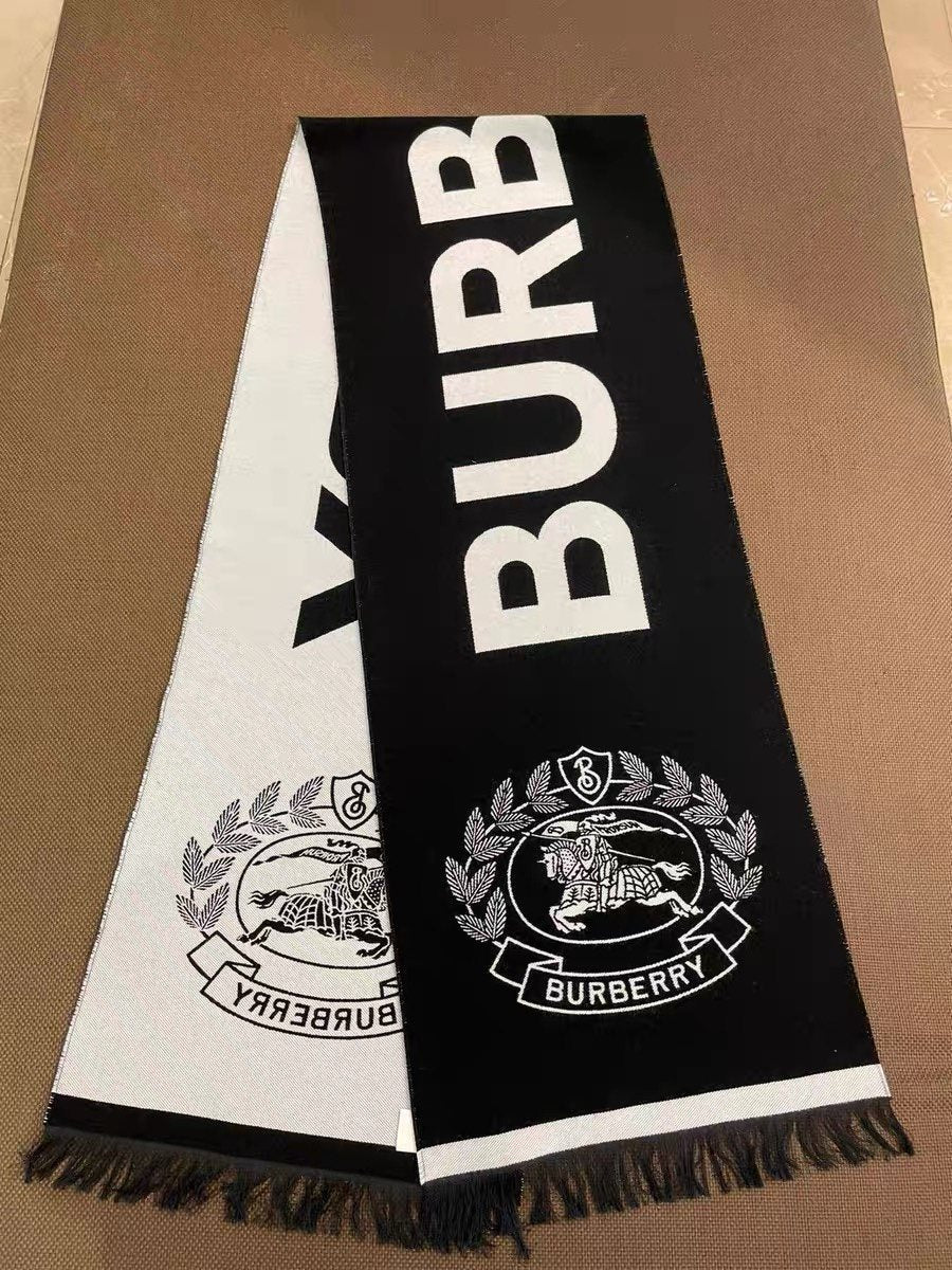 Burberry Black & Ivory Fringed Logo Scarf — hero