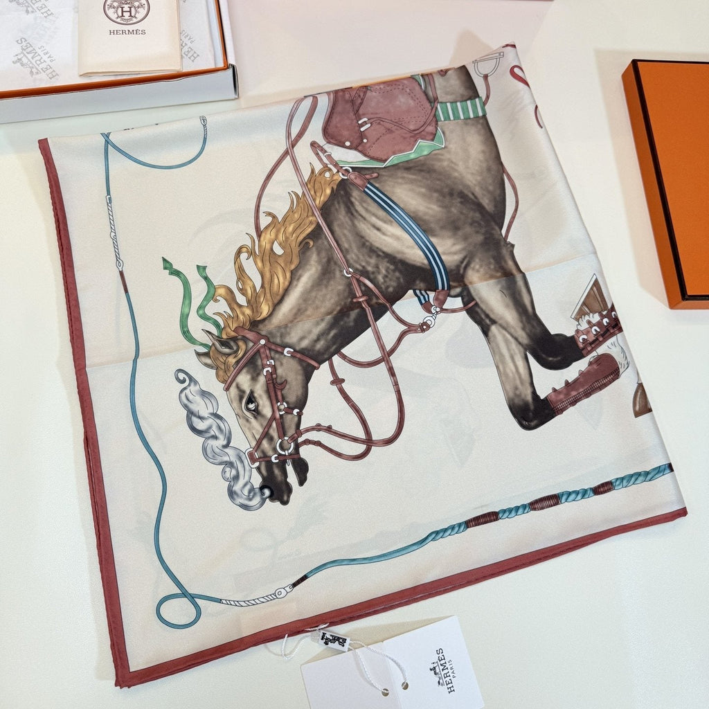 Hermès Cream Equestrian Silk Square Scarf — front