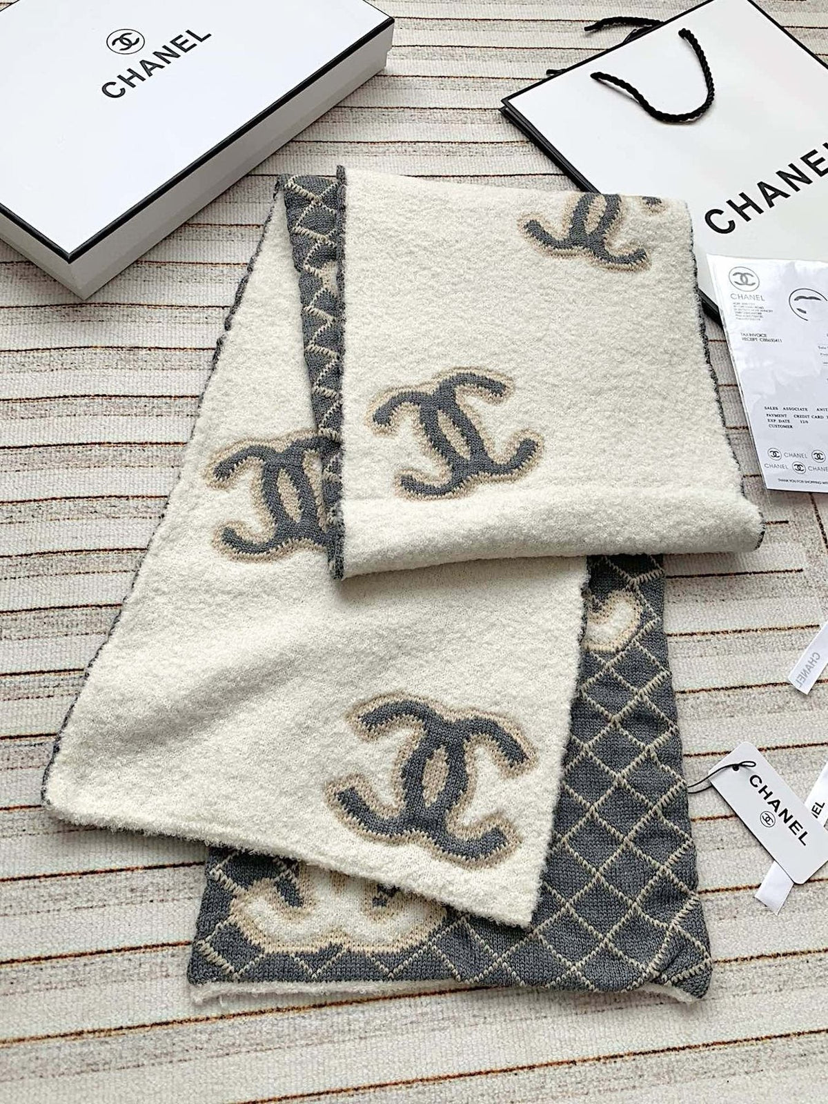 Chanel Diamond-Pattern Logo Scarf — side