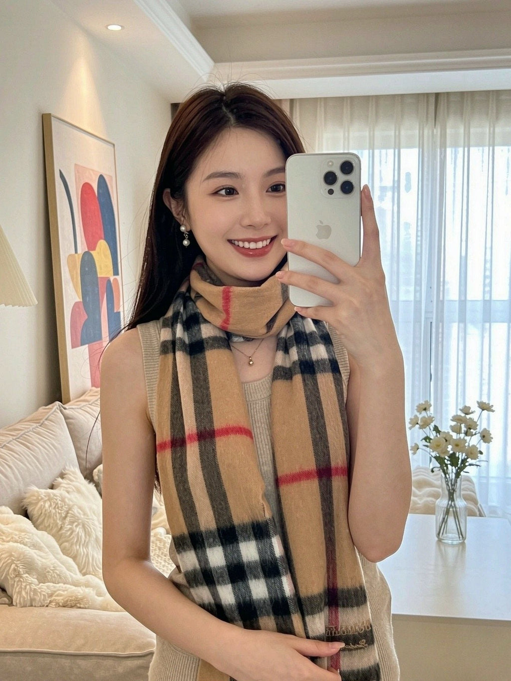 Burberry Blush Pink Plaid Fringed Scarf — model