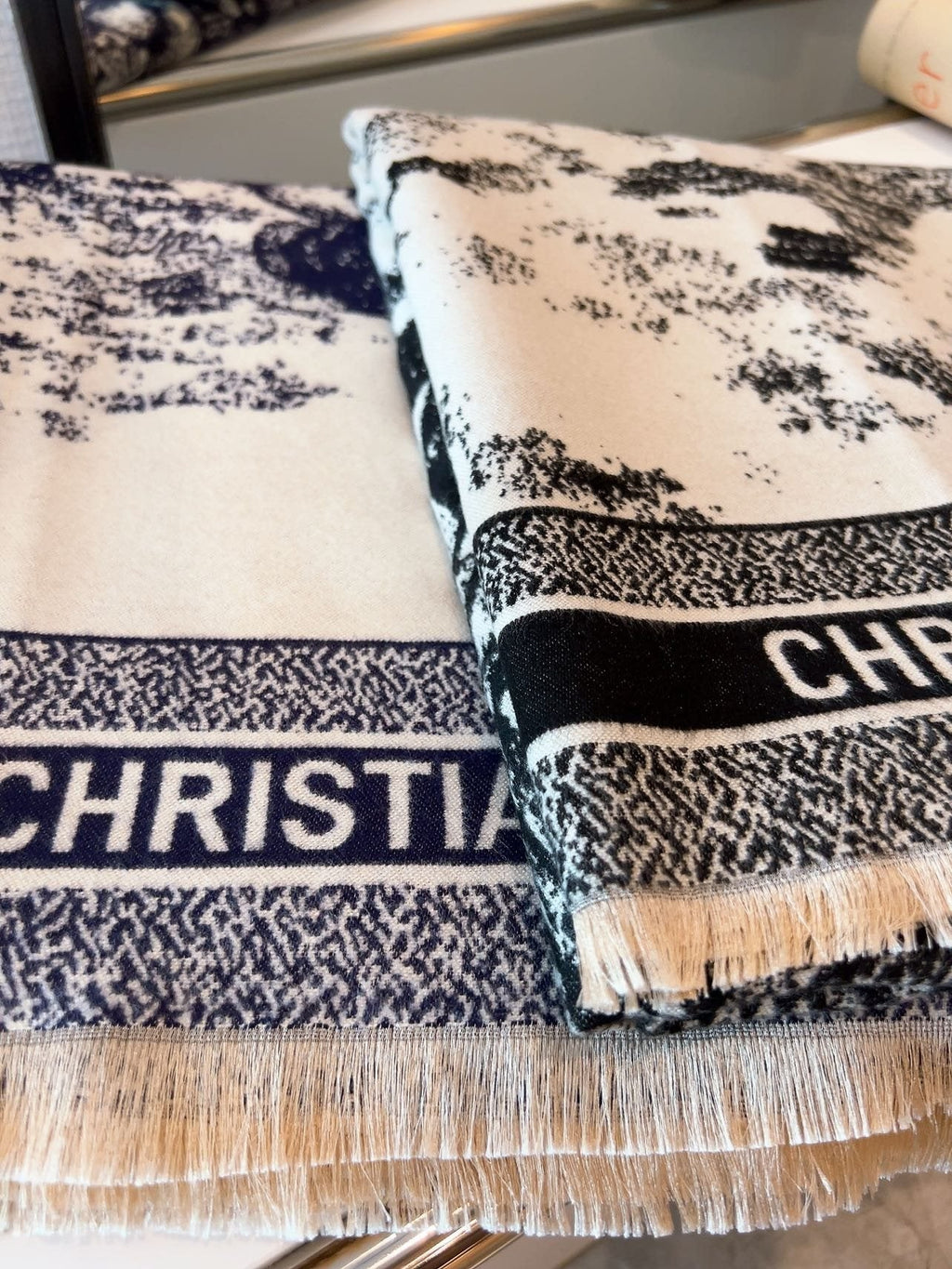 Dior Botanical Print Fringe Square Scarf — detail